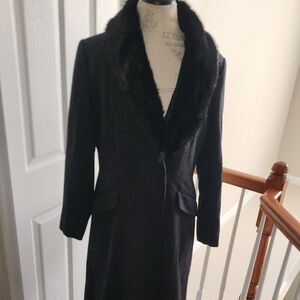 H&M EUC WOOL FUR COLLAR BELTED LINED COAT SIZE 14